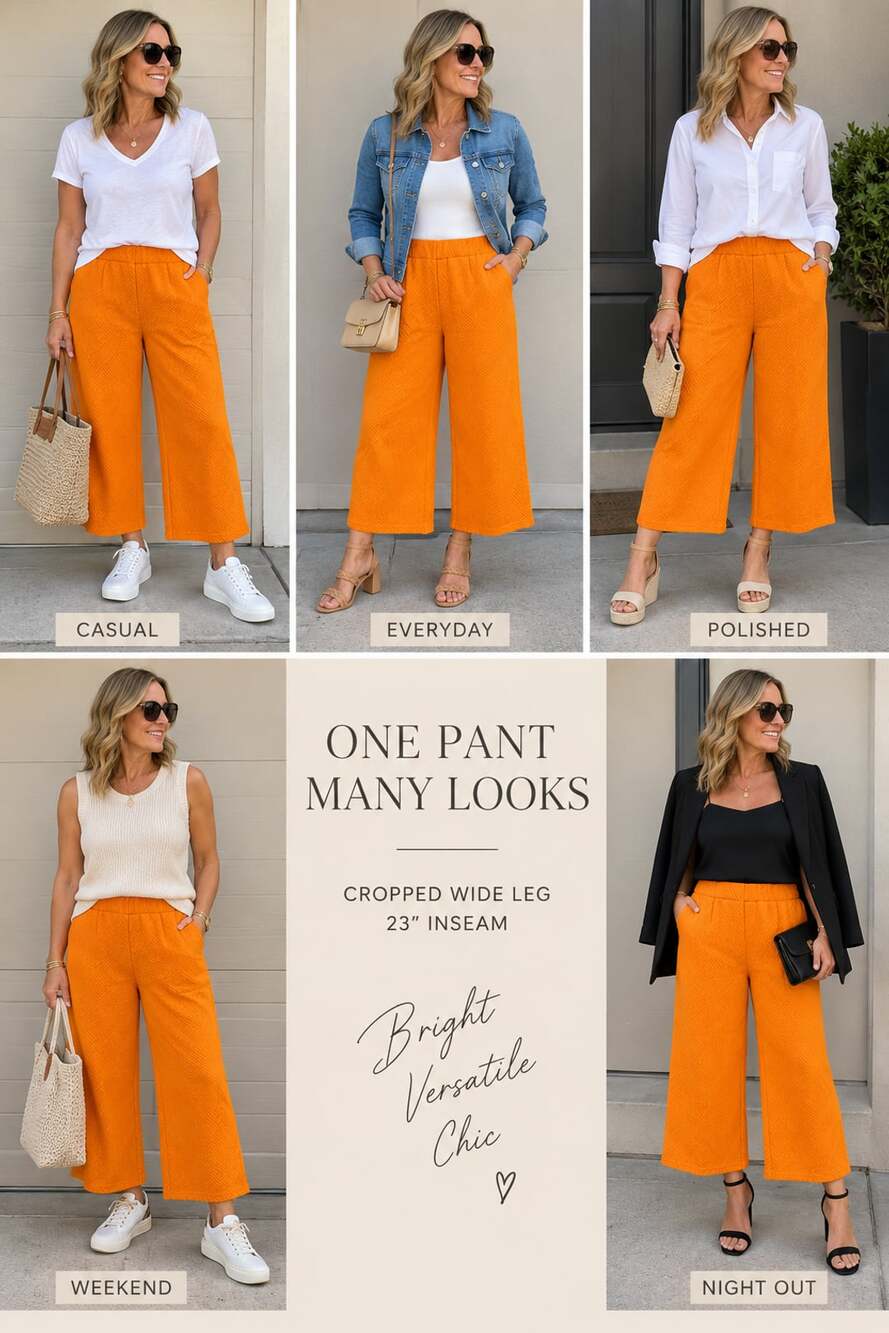 NWT Entro Boutique Orange Wide-Leg Textured Cropped Pants Sz S, M, L